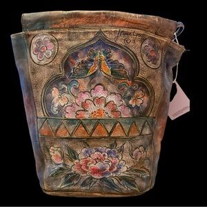 Vintage NWT Jane Yoo Hand-Painted Leather shoulder Strap Bag - Flower 11x11x5.5”